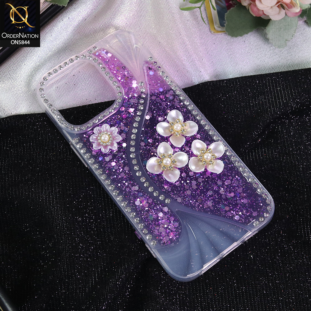 iPhone 15 Pro Max Cover - Purple - New Premium Fancy Flower Bling Glitter Rinestone Soft Case