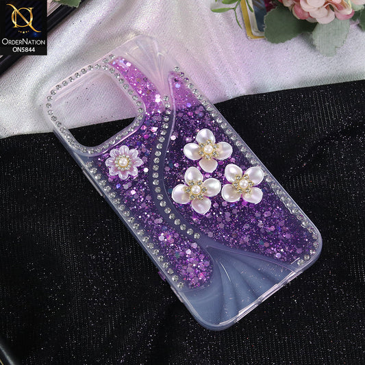 iPhone 15 Pro Max Cover - Purple - New Premium Fancy Flower Bling Glitter Rinestone Soft Case