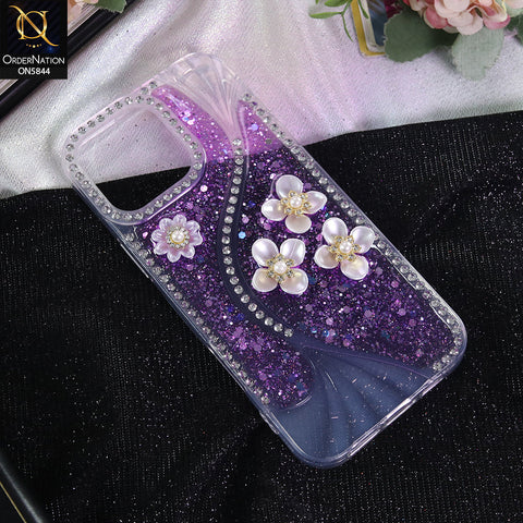iPhone 16 Pro Max Cover - Purple - New Premium Fancy Flower Bling Glitter Rinestone Soft Case