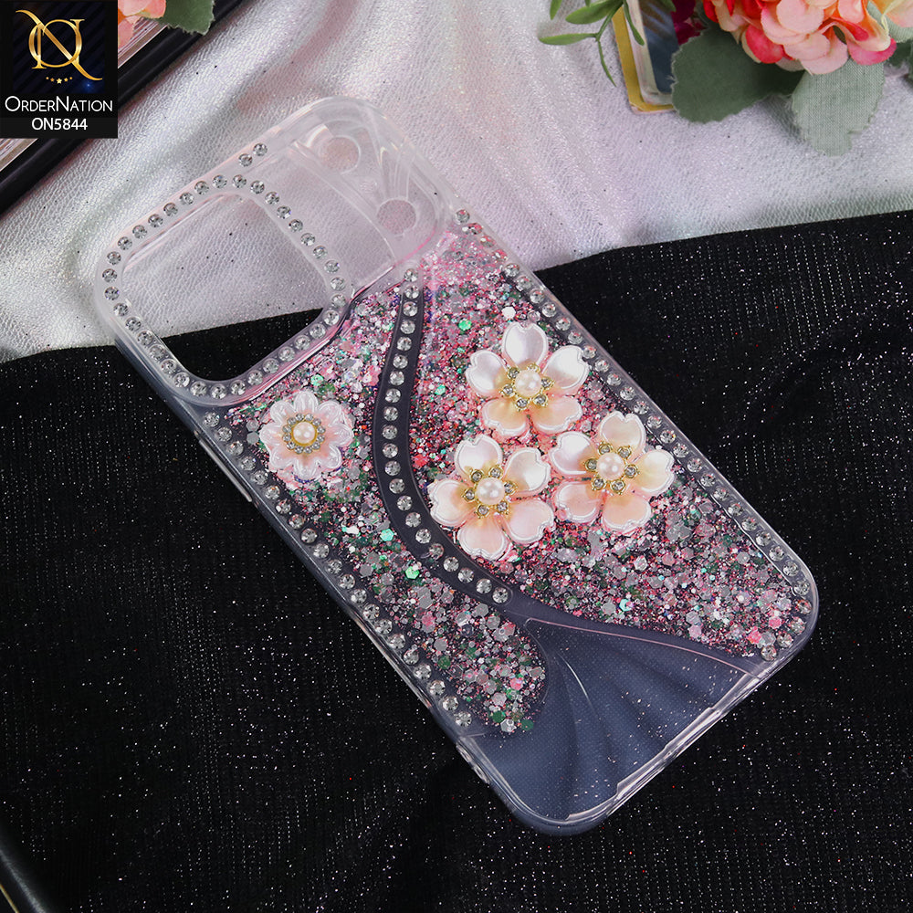 iPhone 17 Pro Max Cover - Pink - New Premium Fancy Flower Bling Glitter Rinestone Soft Case