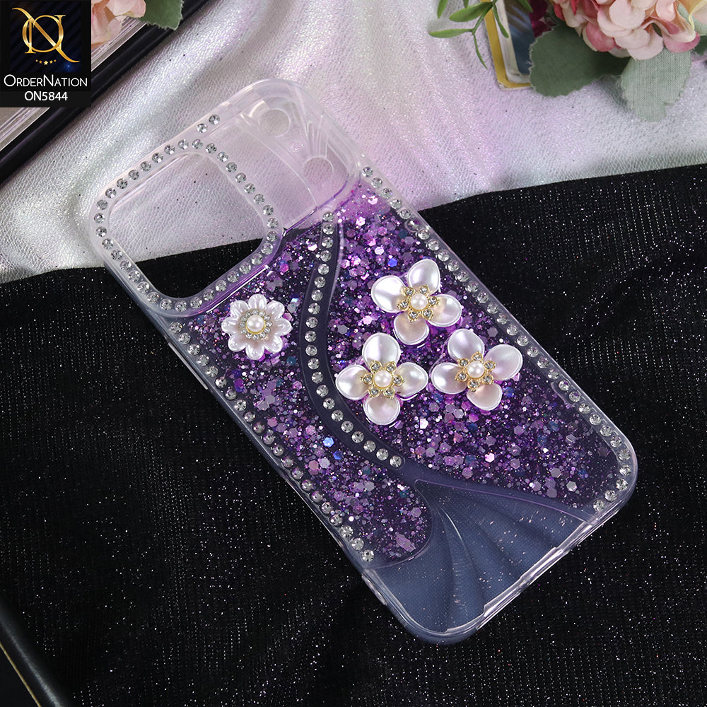 iPhone 17 Pro Max Cover - Purple - New Premium Fancy Flower Bling Glitter Rinestone Soft Case