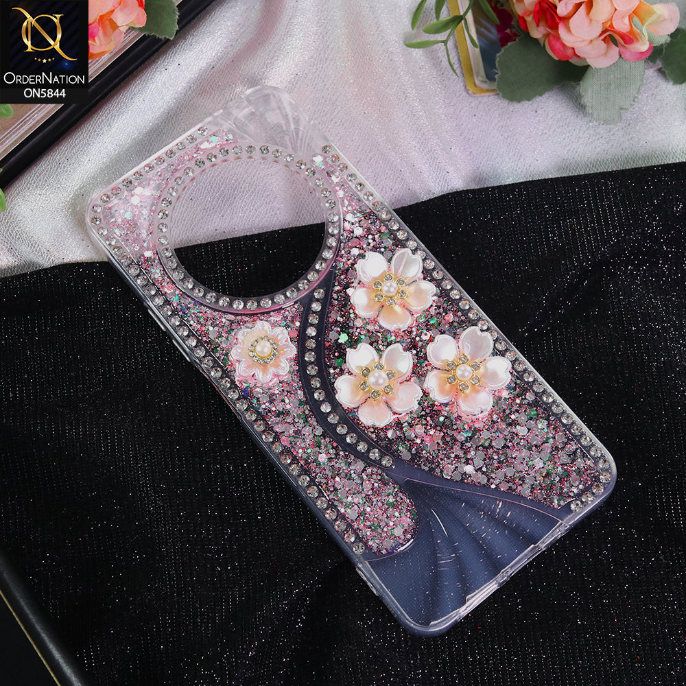 Xiaomi Redmi 14R Cover - Pink - New Premium Fancy Flower Bling Glitter Rinestone Soft Case