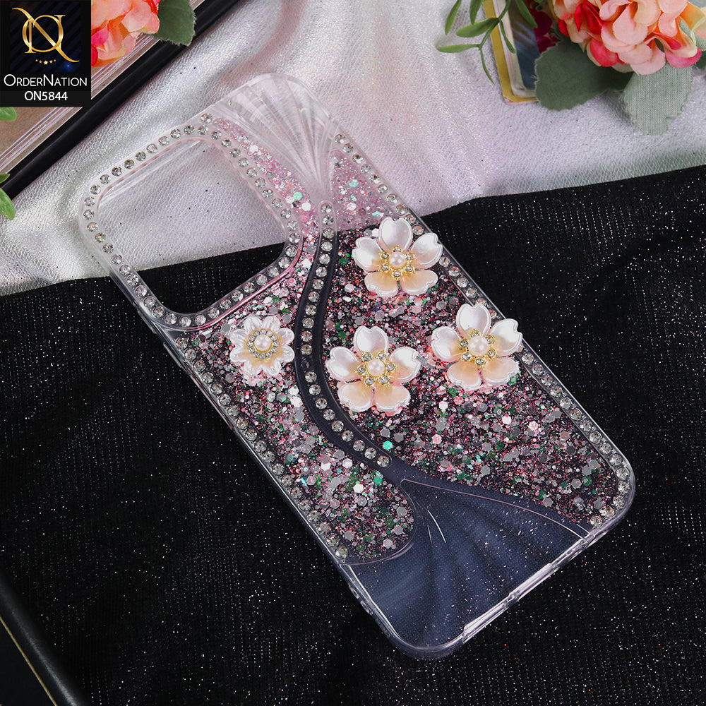 Xiaomi Redmi 15C 4G Cover - Pink - New Premium Fancy Flower Bling Glitter Rinestone Soft Case