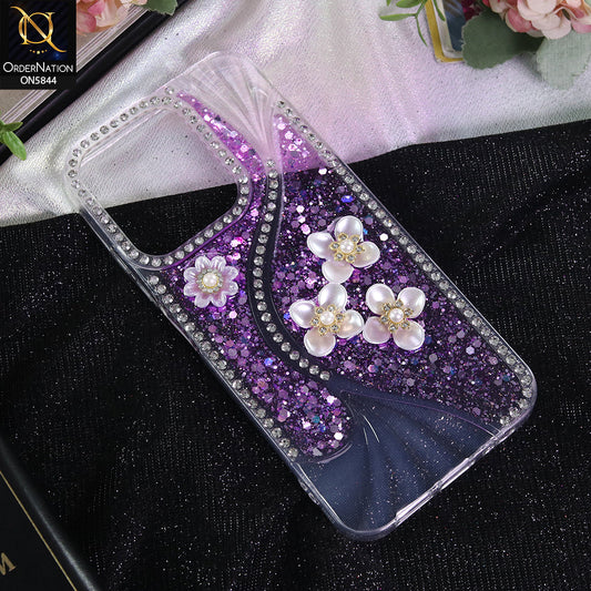 Xiaomi Redmi 15C 4G Cover - Purple - New Premium Fancy Flower Bling Glitter Rinestone Soft Case