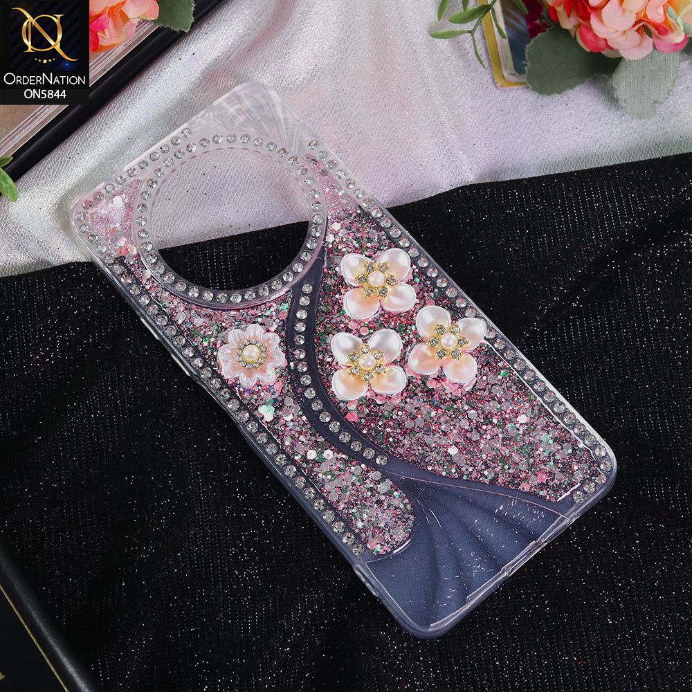 Xiaomi Poco C61 Cover - Pink - New Premium Fancy Flower Bling Glitter Rinestone Soft Case
