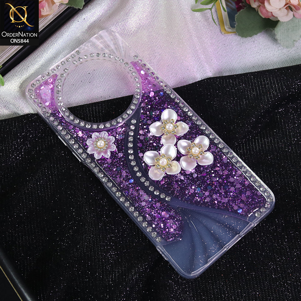 Xiaomi Redmi A3 Cover - Purple - New Premium Fancy Flower Bling Glitter Rinestone Soft Case