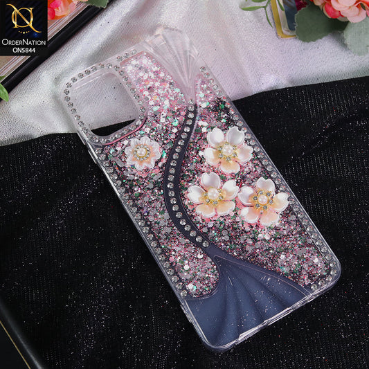 Samsung Galaxy F07 Cover - Pink - New Premium Fancy Flower Bling Glitter Rinestone Soft Case