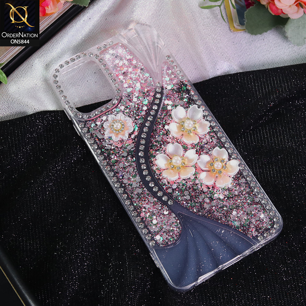Samsung Galaxy M07 Cover - Pink - New Premium Fancy Flower Bling Glitter Rinestone Soft Case