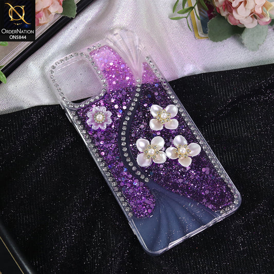 Samsung Galaxy M07 Cover - Purple - New Premium Fancy Flower Bling Glitter Rinestone Soft Case