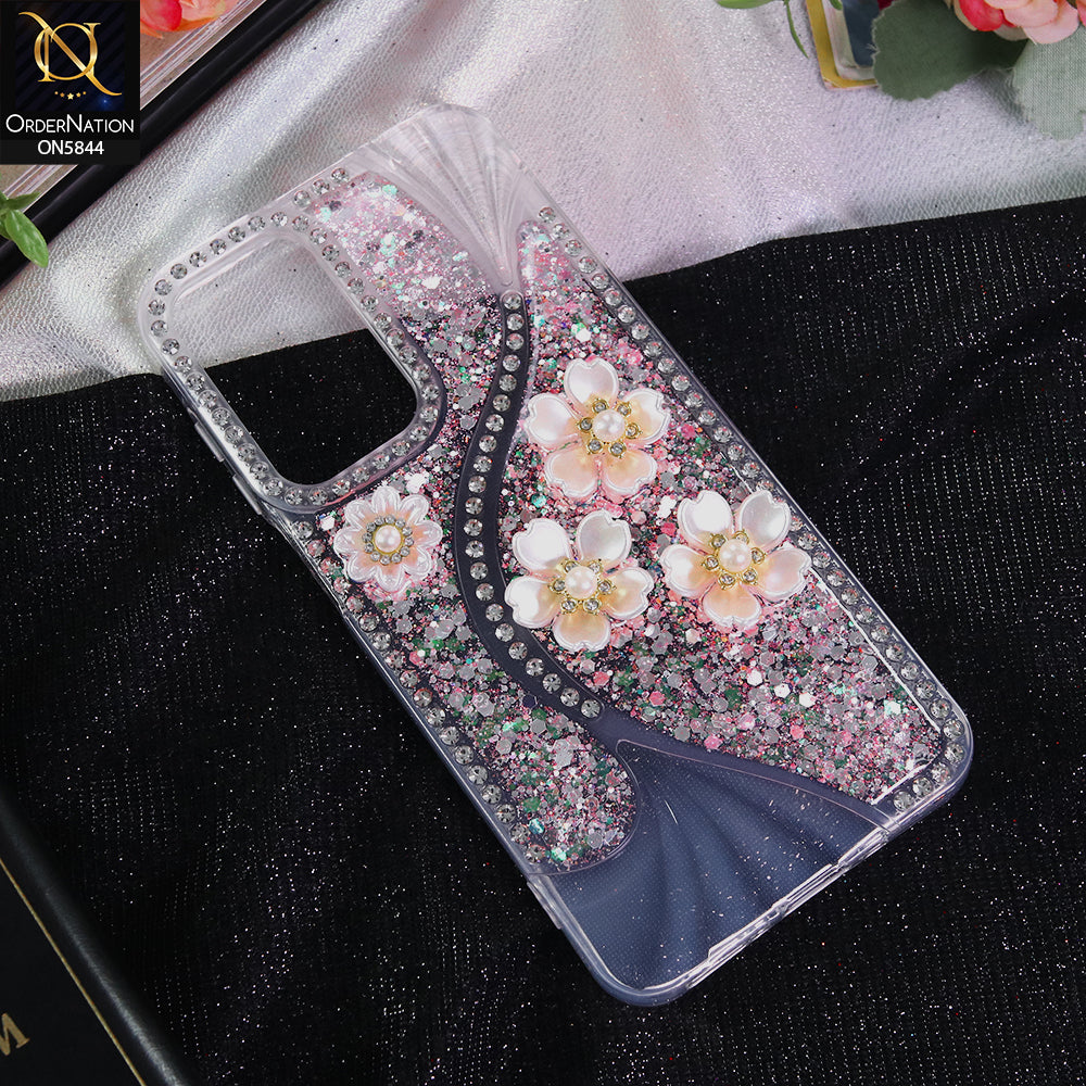 Samsung Galaxy F17 Cover - Pink - New Premium Fancy Flower Bling Glitter Rinestone Soft Case