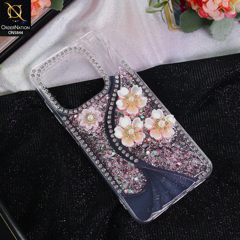 Tecno Spark 20C Cover - Pink - New Premium Fancy Flower Bling Glitter Rinestone Soft Case