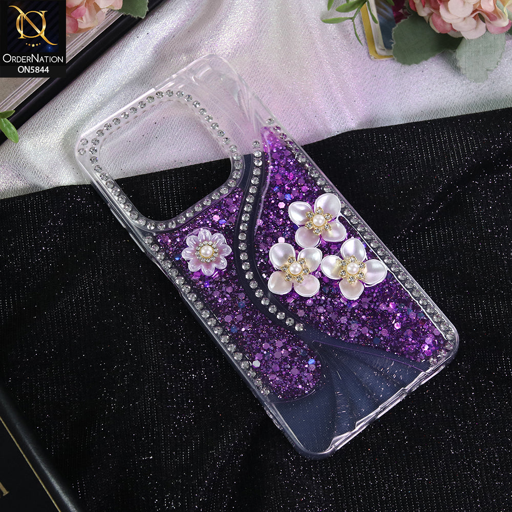 Infinix Smart 8 Plus Cover - Purple - New Premium Fancy Flower Bling Glitter Rinestone Soft Case