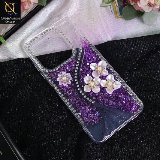 Itel P55 4G Cover - Purple - New Premium Fancy Flower Bling Glitter Rinestone Soft Case