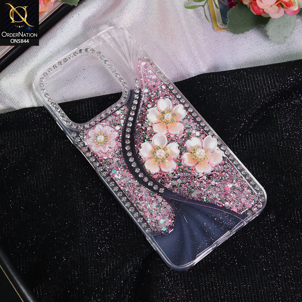 Infinix Hot 50i Cover - Pink - New Premium Fancy Flower Bling Glitter Rinestone Soft Case