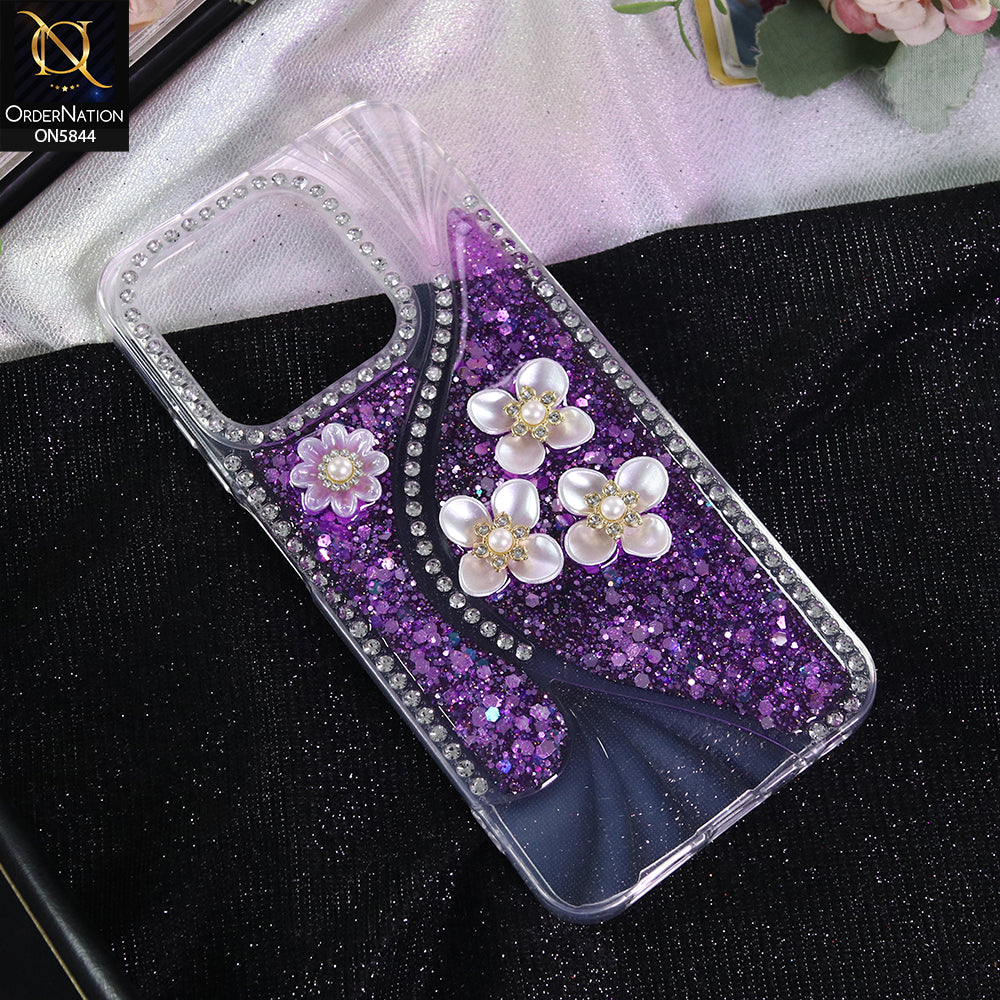 Infinix Smart 9 HD Cover - Purple - New Premium Fancy Flower Bling Glitter Rinestone Soft Case