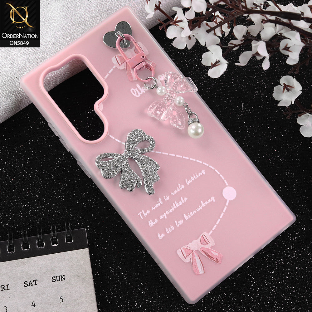 Samsung Galaxy S22 Ultra Cover - Pink - New Premium Rhinestone Bow and Bow key with Double Protection Case