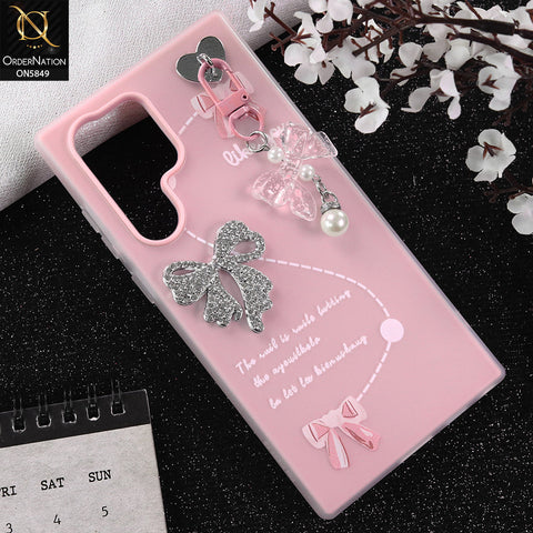 Samsung Galaxy S22 Ultra Cover - Pink - New Premium Rhinestone Bow and Bow key with Double Protection Case