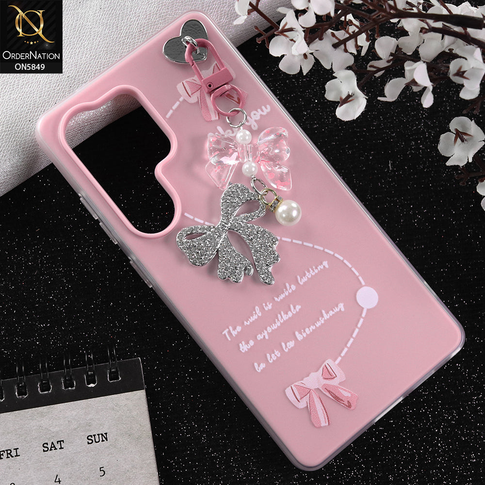 Samsung Galaxy S24 Ultra Cover - Pink - New Premium Rhinestone Bow and Bow key with Double Protection Case