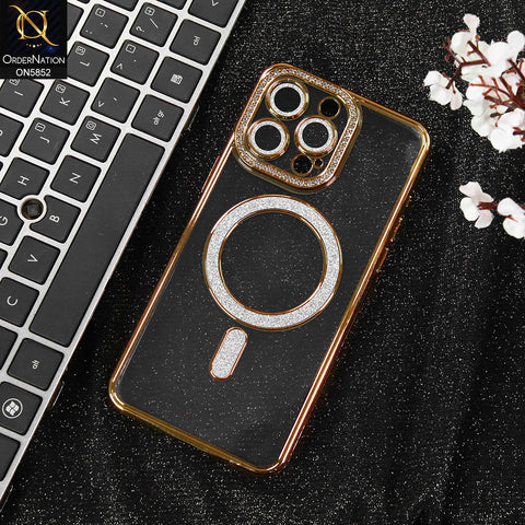 iPhone 16 Pro Max Cover - Golden - New Prime Opulent Luxurious Rhinestones Clear Case With MagSafe And Camera Protection