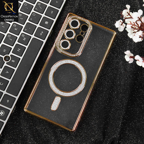 Samsung Galaxy S23 Ultra 5G Cover - Golden - New Prime Opulent Luxurious Rhinestones Clear Case With MagSafe And Camera Protection