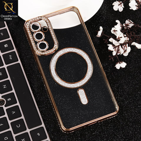 Samsung Galaxy A14 4G Cover - Golden - New Prime Opulent Luxurious Rhinestones Clear Case With MagSafe And Camera Protection