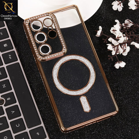 Samsung Galaxy S25 Ultra Cover - Golden - New Prime Opulent Luxurious Rhinestones Clear Case With MagSafe And Camera Protection