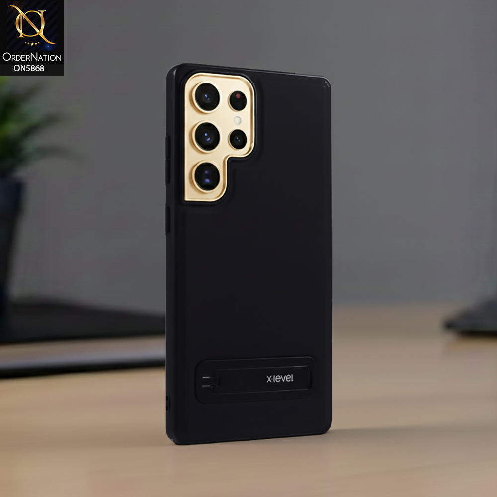Samsung Galaxy S25 Ultra Cover - Black - X-LEVEL Case Leather Coated PC TPU Phone Back Cover with Metal Kickstand