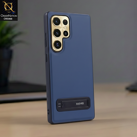 Samsung Galaxy S25 Ultra Cover - Blue - X-LEVEL Case Leather Coated PC TPU Phone Back Cover with Metal Kickstand
