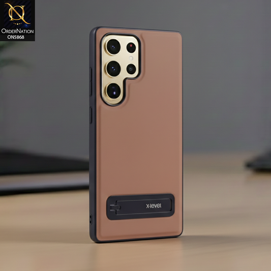 Samsung Galaxy S25 Ultra Cover - Brown - X-LEVEL Case Leather Coated PC TPU Phone Back Cover with Metal Kickstand
