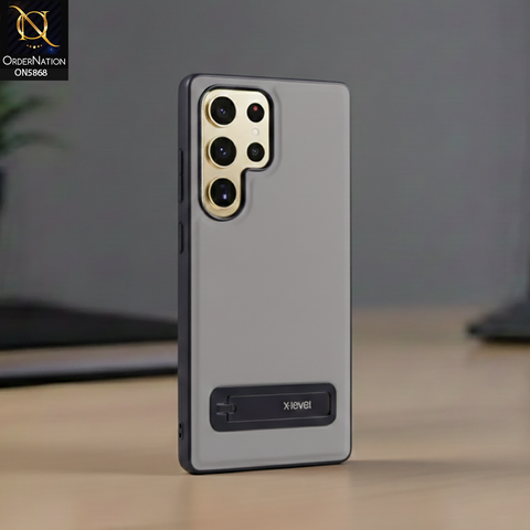 Samsung Galaxy S25 Ultra Cover - Gray - X-LEVEL Case Leather Coated PC TPU Phone Back Cover with Metal Kickstand