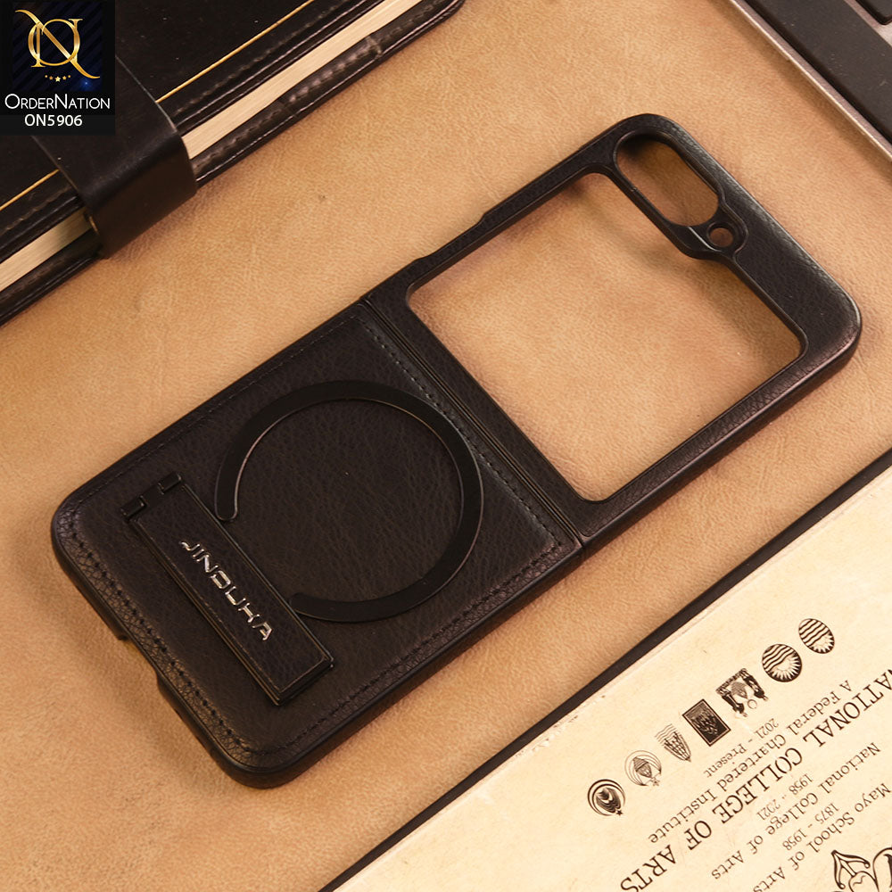 Samsung Galaxy Z Flip 6 -Black -  JINDUKA - New High Grade Quality Leather Textured Case with Magnetic and Kickstand