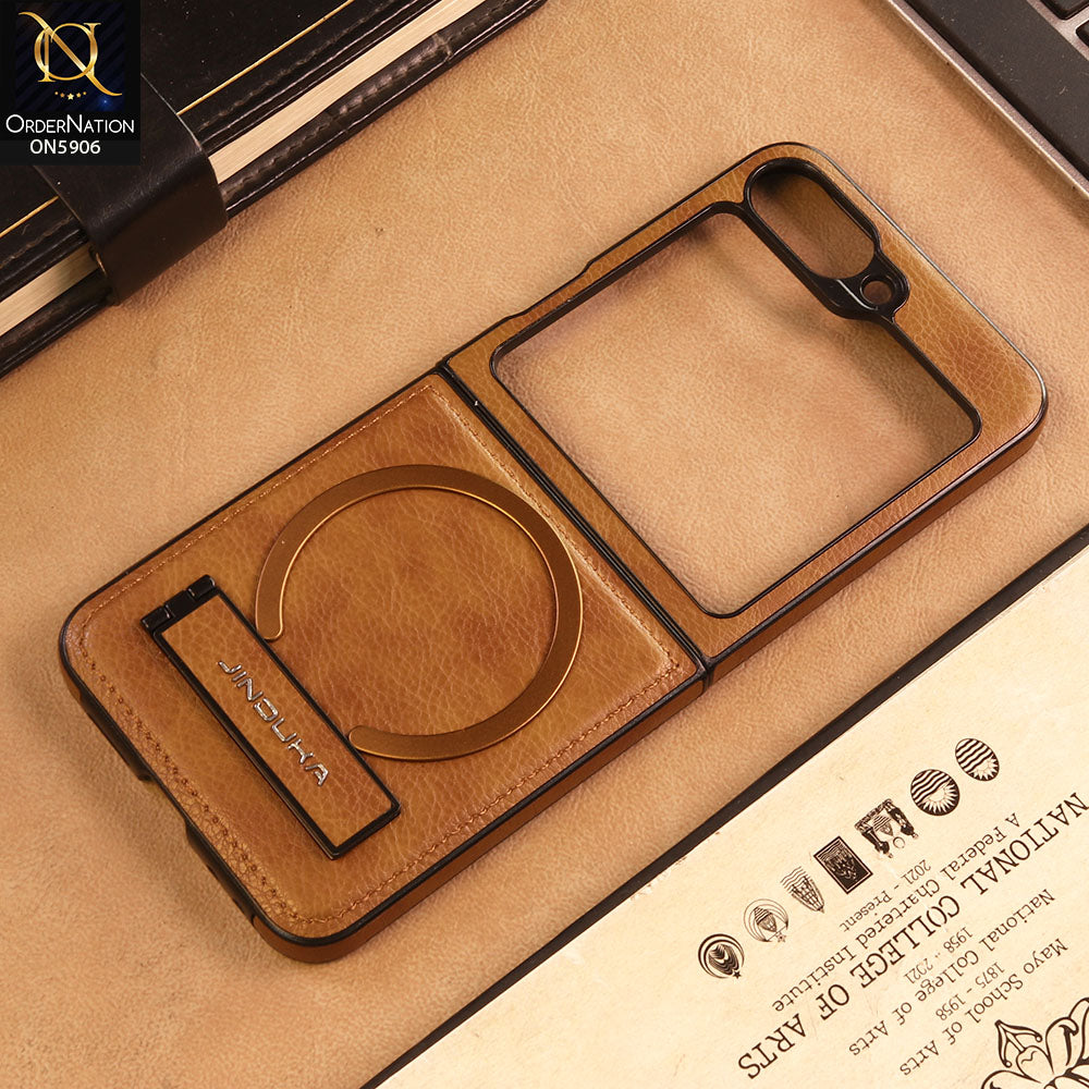 Samsung Galaxy Z Flip 6 -Brown -  JINDUKA - New High Grade Quality Leather Textured Case with Magnetic and Kickstand