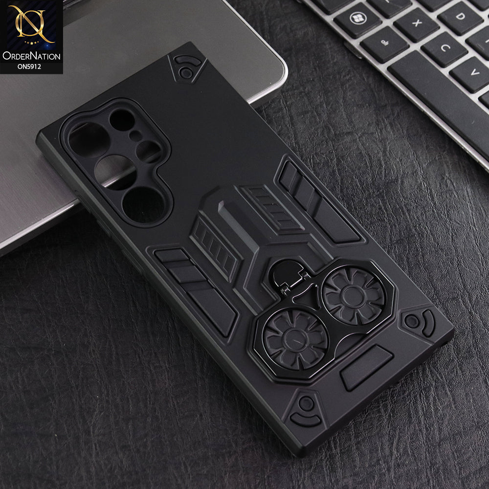 Samsung Galaxy S22 Ultra 5G Cover - Black -  New Dual PC + TPU Hybrid Style Protective Soft Border Case With Double Ring Kickstand Holder