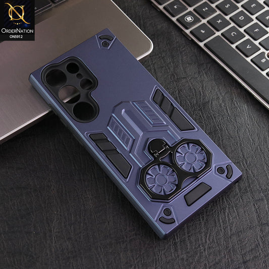 Samsung Galaxy S22 Ultra 5G Cover - Blue -  New Dual PC + TPU Hybrid Style Protective Soft Border Case With Double Ring Kickstand Holder