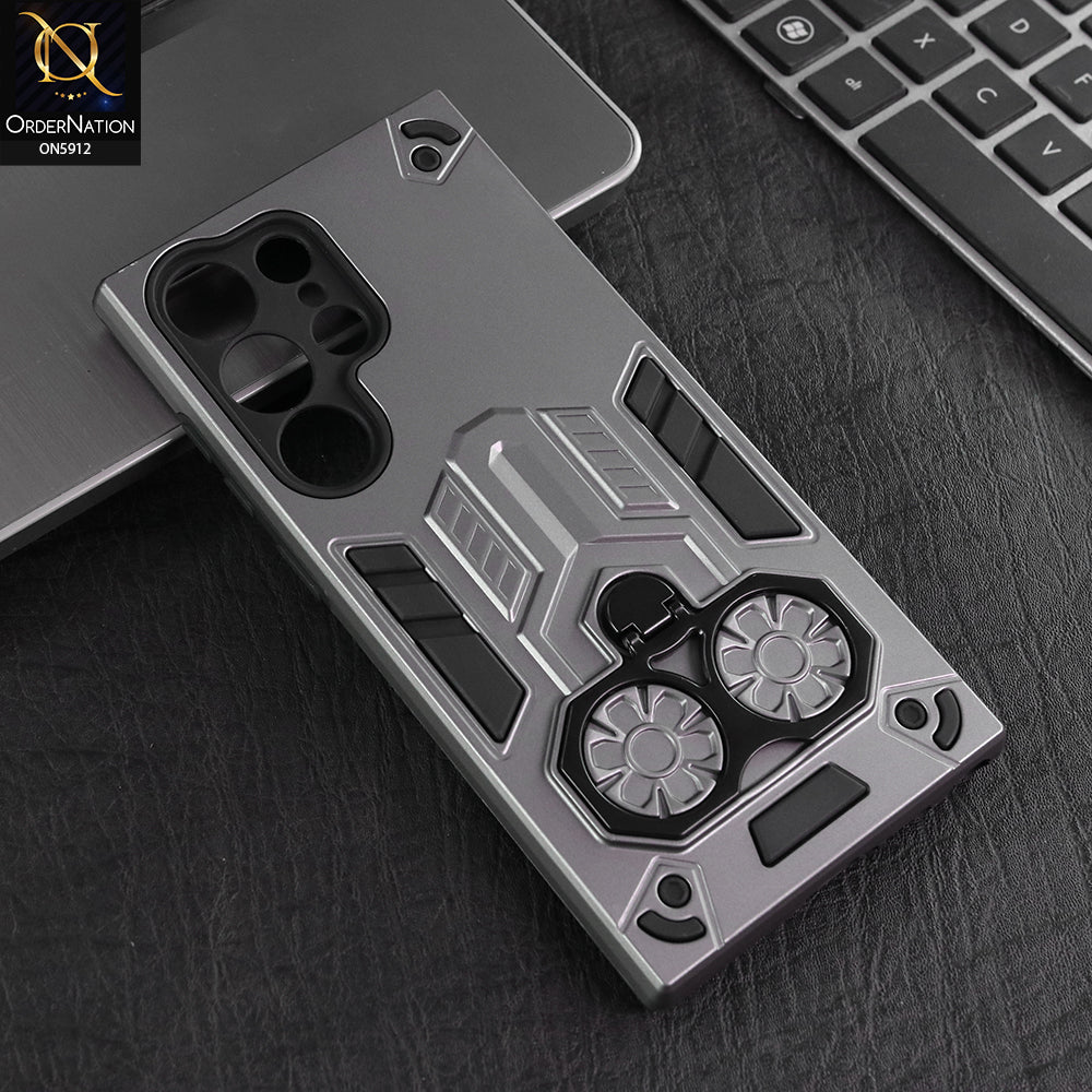 Samsung Galaxy S22 Ultra 5G Cover - Gary -  New Dual PC + TPU Hybrid Style Protective Soft Border Case With Double Ring Kickstand Holder