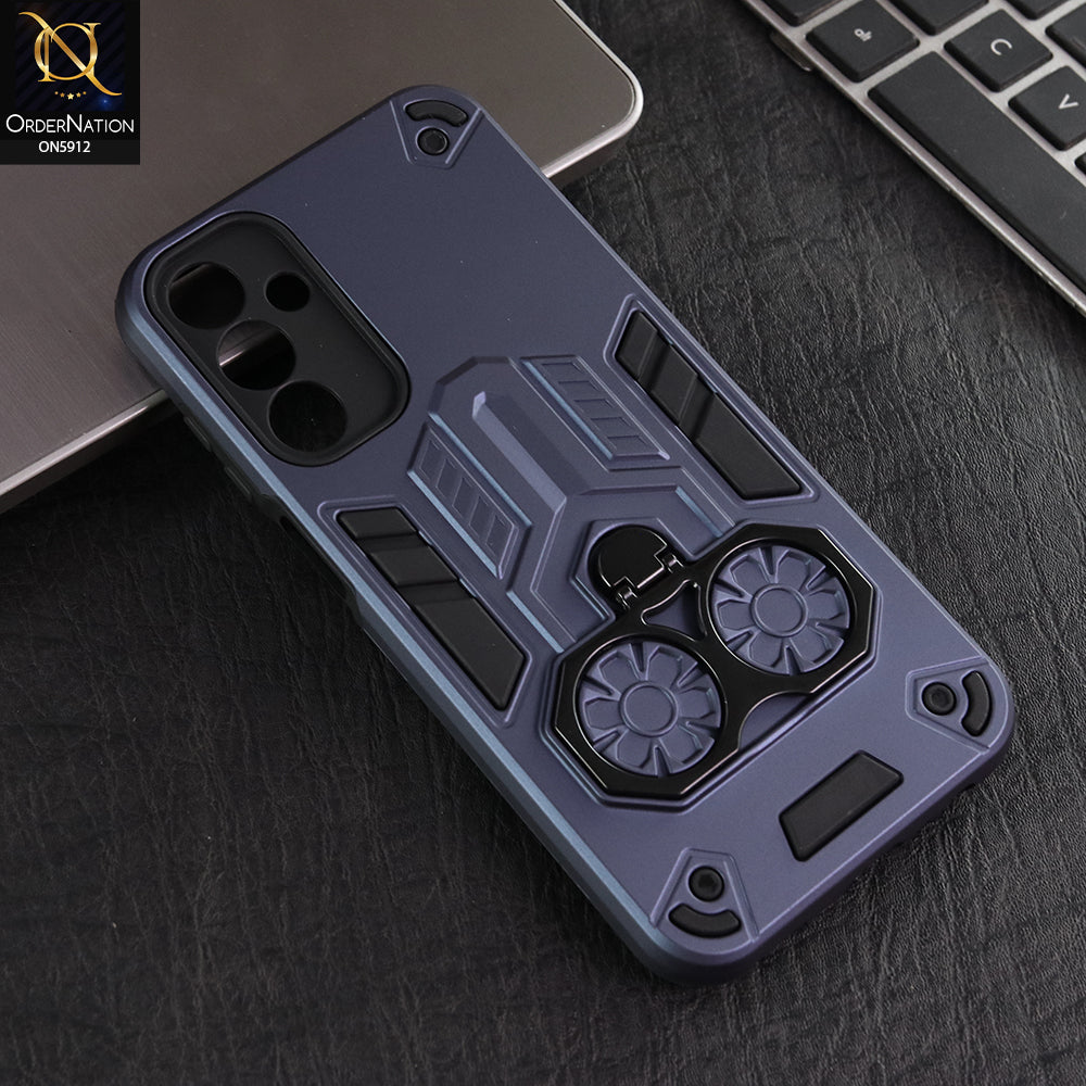Samsung Galaxy A15 5G Cover - Blue -  New Dual PC + TPU Hybrid Style Protective Soft Border Case With Double Ring Kickstand Holder