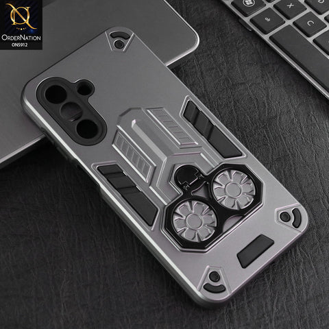 Samsung Galaxy M17 Cover - Gary -  New Dual PC + TPU Hybrid Style Protective Soft Border Case With Double Ring Kickstand Holder