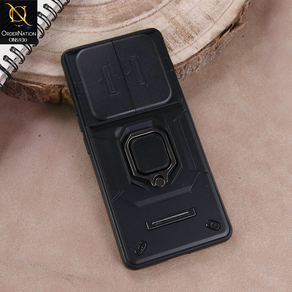 Xiaomi Redmi Note 14 Pro 4G Cover - Black - New High Grade Quality Armor Case With Metal Ring And Kickstand And Sliding Camera Protection