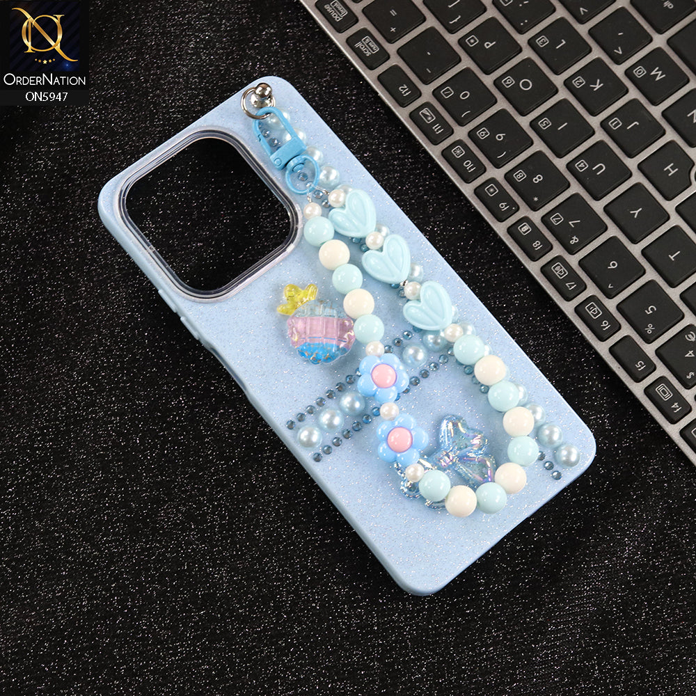 Oppo A5 Pro 4G Cover - Blue -  New Primp Shiny Glitter Case With Pearls And Rhinestones And Beeded Keychain