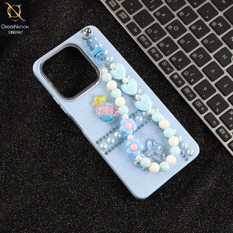 Oppo A5 Pro 4G Cover - Blue -  New Primp Shiny Glitter Case With Pearls And Rhinestones And Beeded Keychain