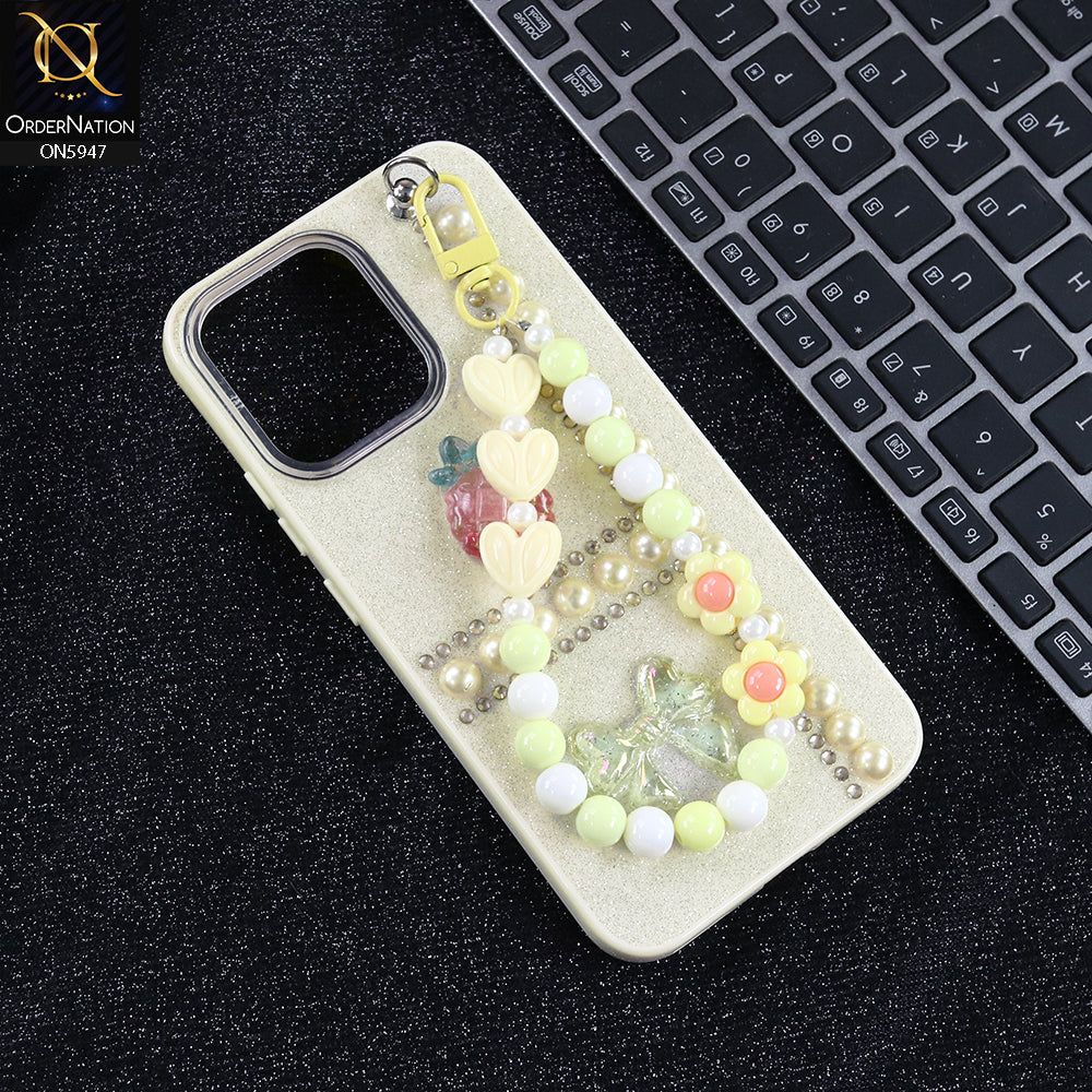 Oppo A6 Pro 5G Cover - Yellow -  New Primp Shiny Glitter Case With Pearls And Rhinestones And Beeded Keychain
