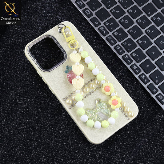 Oppo A6 Pro 5G Cover - Yellow -  New Primp Shiny Glitter Case With Pearls And Rhinestones And Beeded Keychain