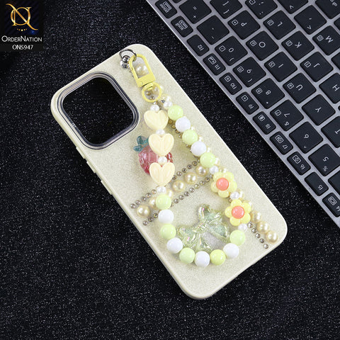 Oppo A6 Pro 5G Cover - Yellow -  New Primp Shiny Glitter Case With Pearls And Rhinestones And Beeded Keychain