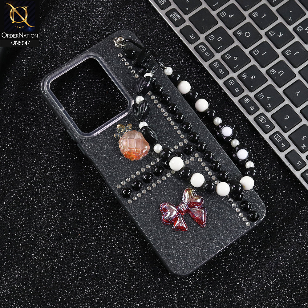 Xiaomi Redmi 13C Cover - Black -  New Primp Shiny Glitter Case With Pearls And Rhinestones And Beeded Keychain