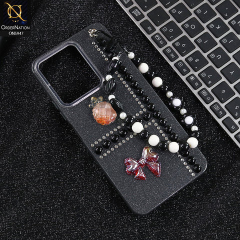 Xiaomi Redmi 13C Cover - Black -  New Primp Shiny Glitter Case With Pearls And Rhinestones And Beeded Keychain