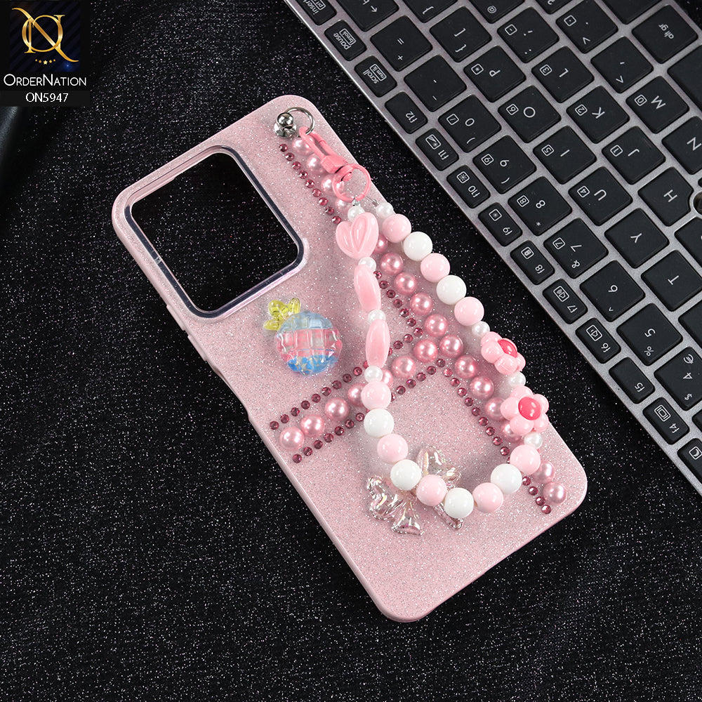 Xiaomi Poco C65 Cover - Pink -  New Primp Shiny Glitter Case With Pearls And Rhinestones And Beeded Keychain