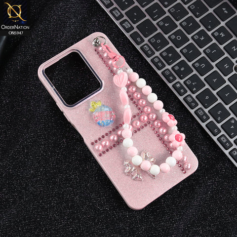 Xiaomi Poco C65 Cover - Pink -  New Primp Shiny Glitter Case With Pearls And Rhinestones And Beeded Keychain