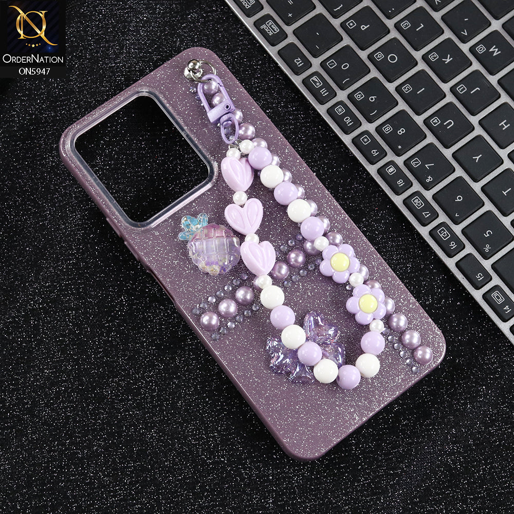 Xiaomi Redmi 13C Cover - Purple -  New Primp Shiny Glitter Case With Pearls And Rhinestones And Beeded Keychain