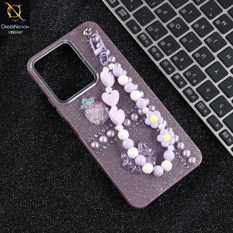 Xiaomi Redmi 13C Cover - Purple -  New Primp Shiny Glitter Case With Pearls And Rhinestones And Beeded Keychain