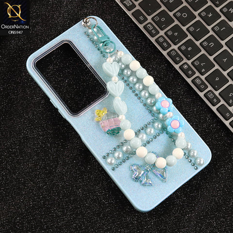 Xiaomi Redmi 15 4G Cover - Blue -  New Primp Shiny Glitter Case With Pearls And Rhinestones And Beeded Keychain